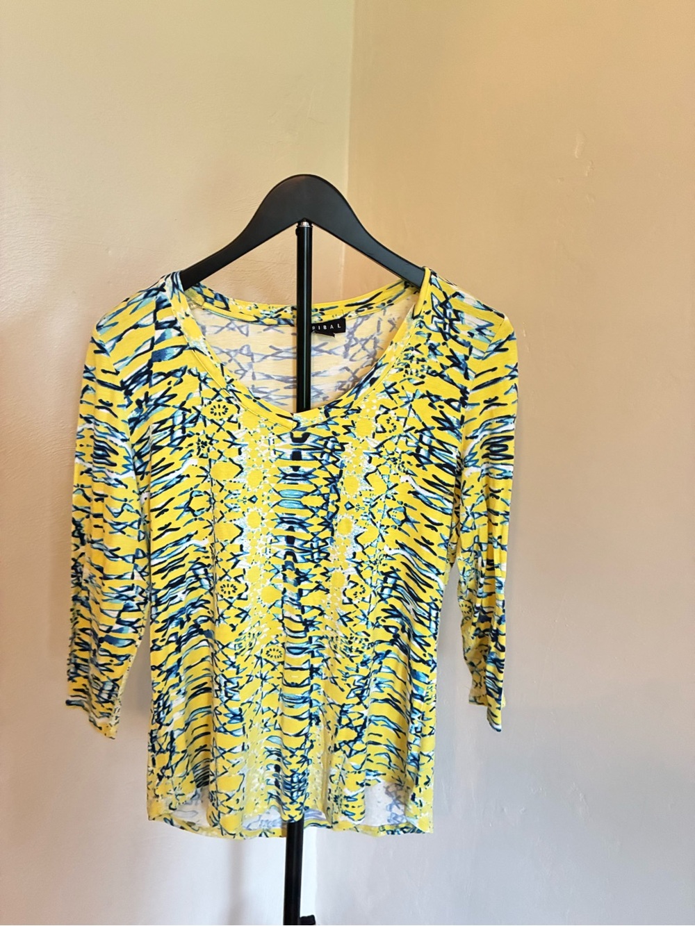 Yellow & Blue Patterned V-Neck Long Sleeve Top